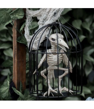 Skeleton Crow in Cage Creepy Prop