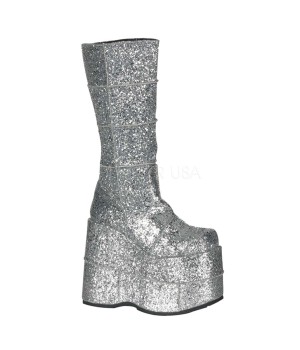 Sllver Glittered Mens Platform Patched Knee Boots